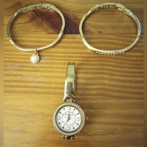 Anne Klein Crystal Accented Gold Tone Watch and Bangle Set